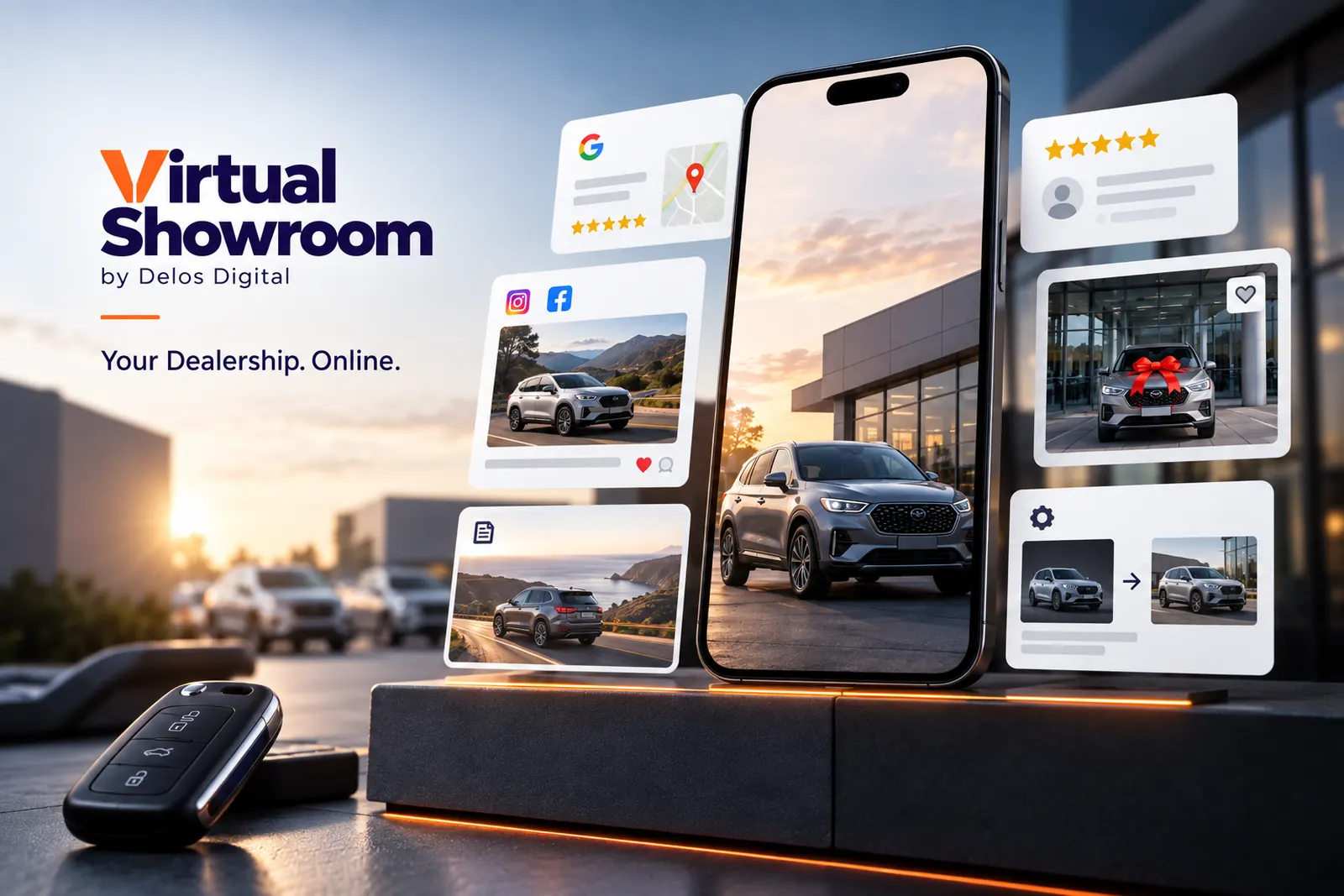 Virtual Showroom by Delos Digital on a dealership forecourt — listings, reviews and social posts from one platform