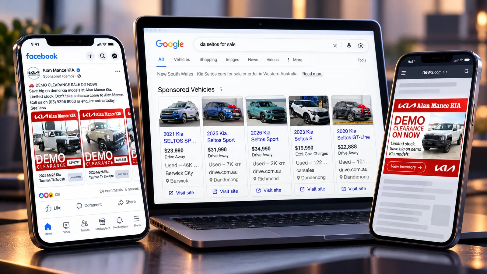 One dealership stock feed running as Facebook carousel ads, Google Vehicle Listing Ads and mobile display
