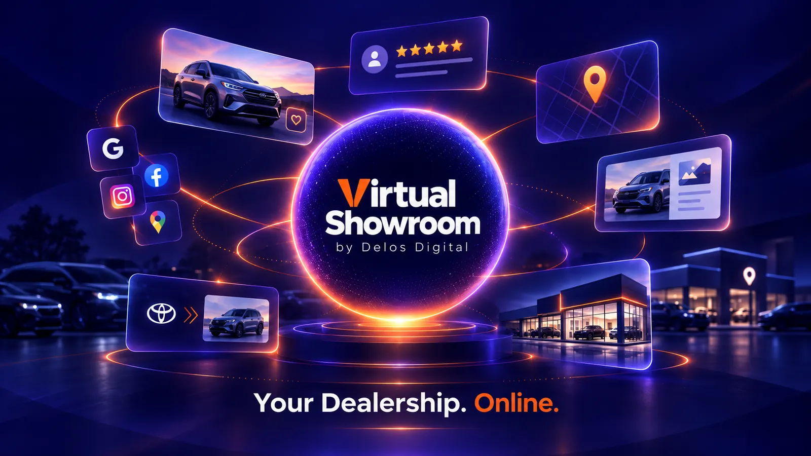 Virtual Showroom by Delos Digital — dealership listings, reviews, local search and social channels connected