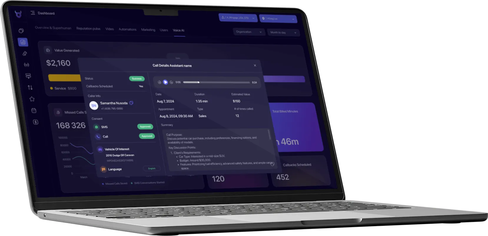 Matador Call AI call reports on a laptop